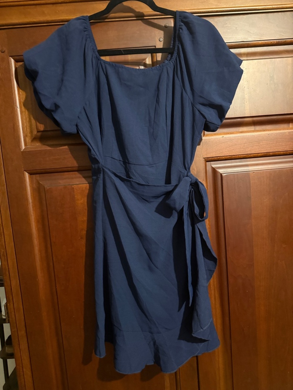 Amazon Essentials Navy Wrap Mini Dress with Puff Sleeves and Waist Tie